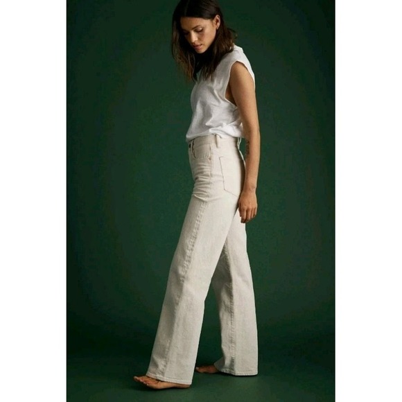 AE77 Jeans Womens 2 Beige Stovepipe Selvedge High Rise Wide Leg Organic Cotton - Picture 2 of 15